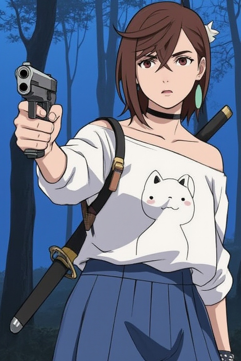 ayase momo standing in forest,  close-up,  holding gun on Tensor.Art