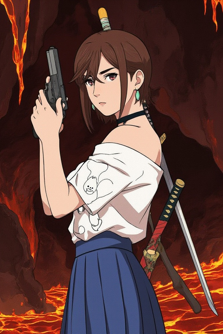 ayase momo standing in lava cave,  flowing lava,  holding gun on Tensor.Art