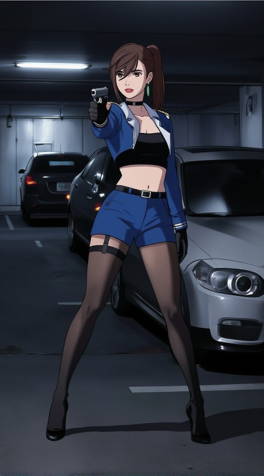 ayase momo standing pointing a pistol,  one-hand grip,  pointing sideways on Tensor.Art