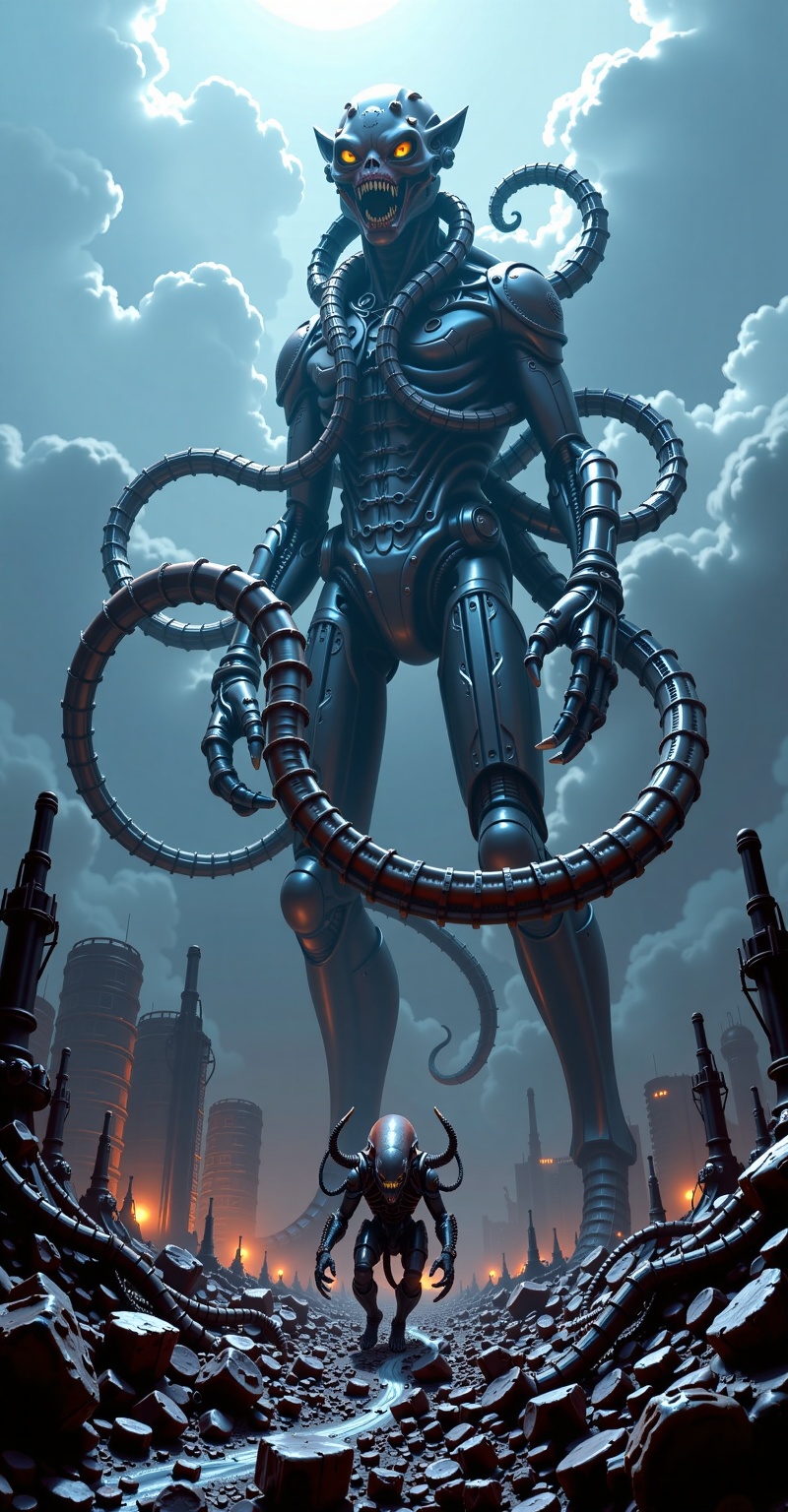 A towering figure in Cybernetik1.1 standing tall,  with coiled tentacles wrapped around its body. Suddenly,  it lunges for...