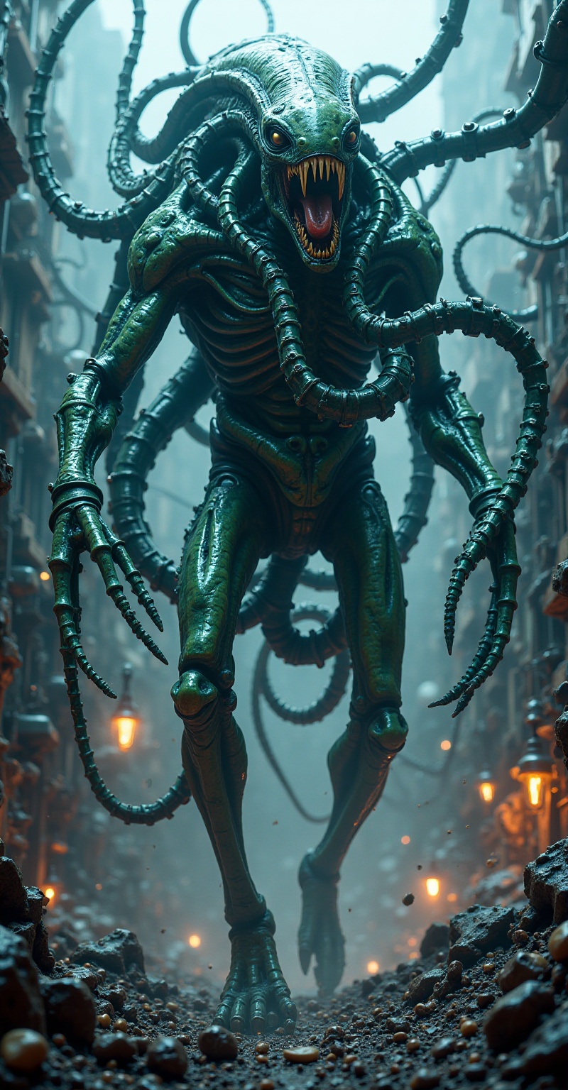 A towering figure in Cybernetik1.1 standing tall,  with coiled tentacles wrapped around its body. Suddenly,  it lunges for...