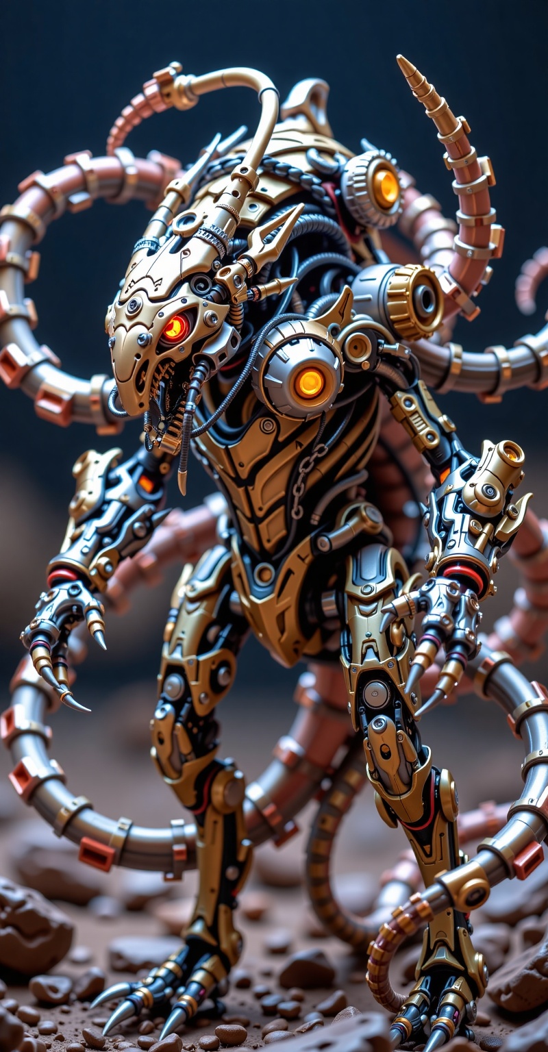 Hybrid biomechanical creature,  fusion of serpentine tentacle-dragon and humanoid mecha-warrior,  ultra-detailed biomech e...