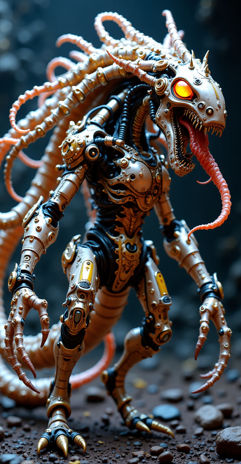 Hybrid biomechanical creature,  fusion of serpentine tentacle-dragon and humanoid mecha-warrior,  ultra-detailed biomech e...