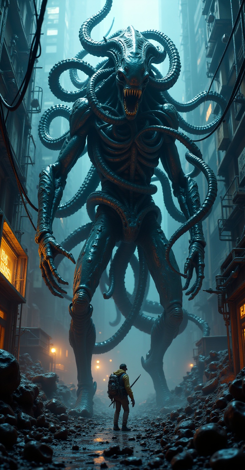 A towering figure in Cybernetik1.1 standing tall,  with coiled tentacles wrapped around its body. Suddenly,  it lunges for...
