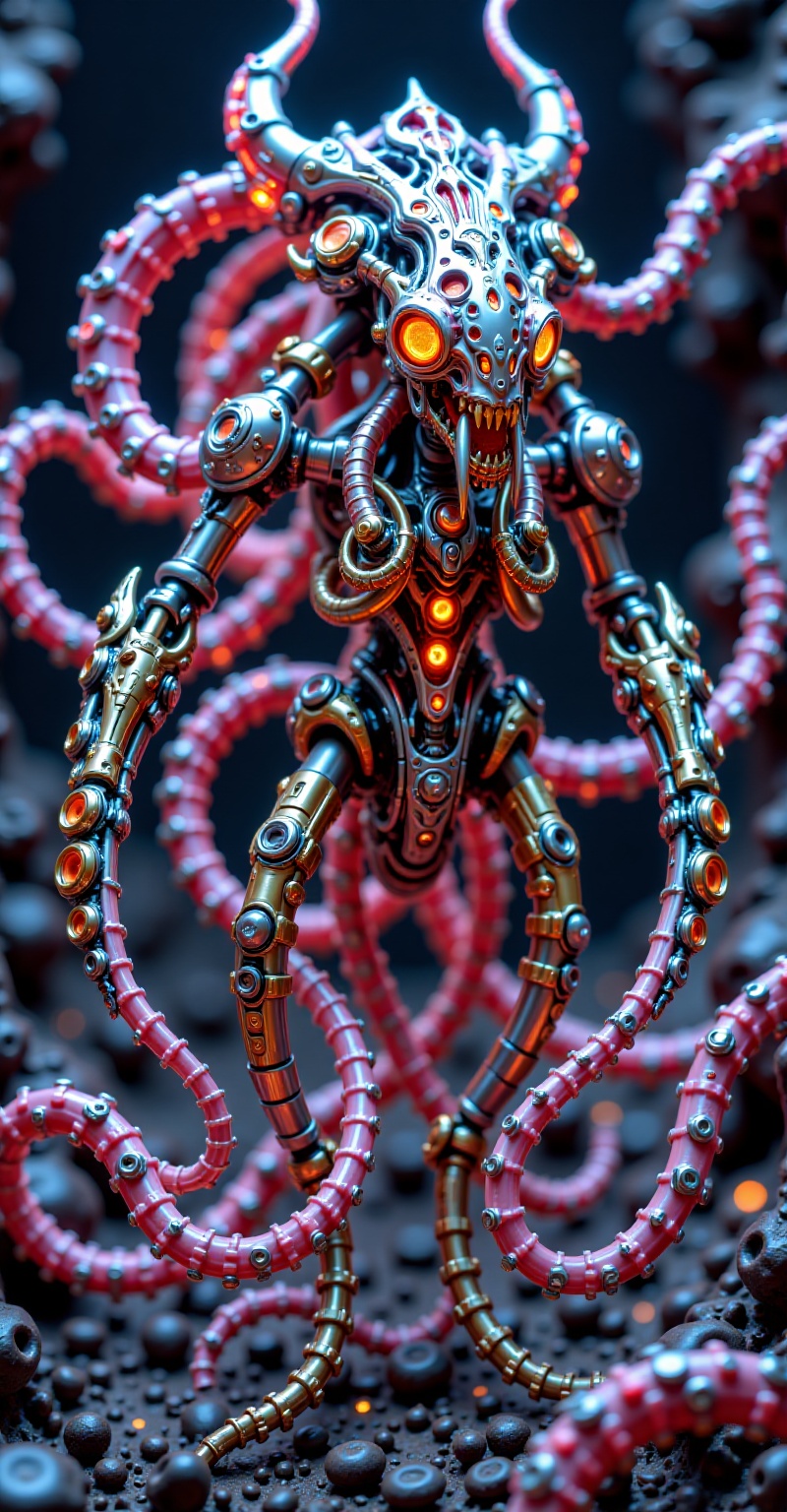 Hybrid biomechanical creature,  fusion of serpentine tentacle-dragon and humanoid mecha-warrior,  ultra-detailed biomech e...