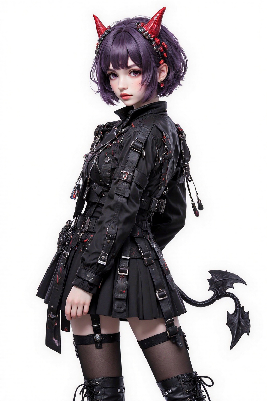 The image depicts a stylized anime-style character with short,  dark purple hair adorned with red horns. She is wearing a...
