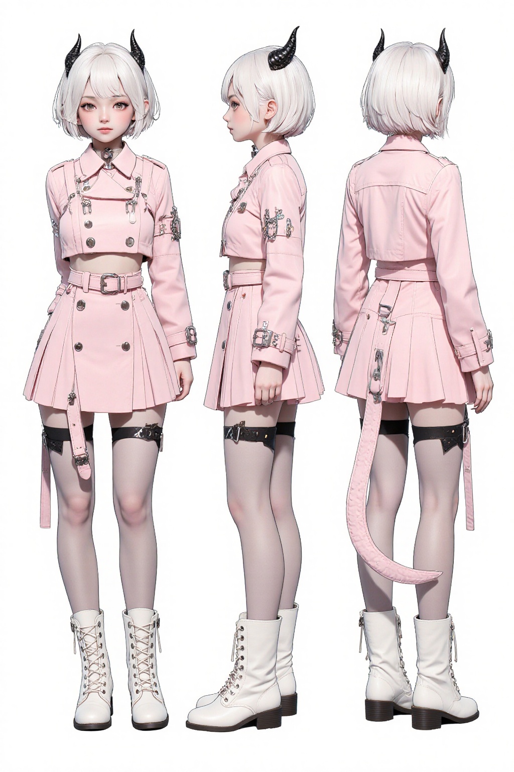 This image depicts a stylized anime-style character with short,  light white hair adorned with black horn-like decorations...