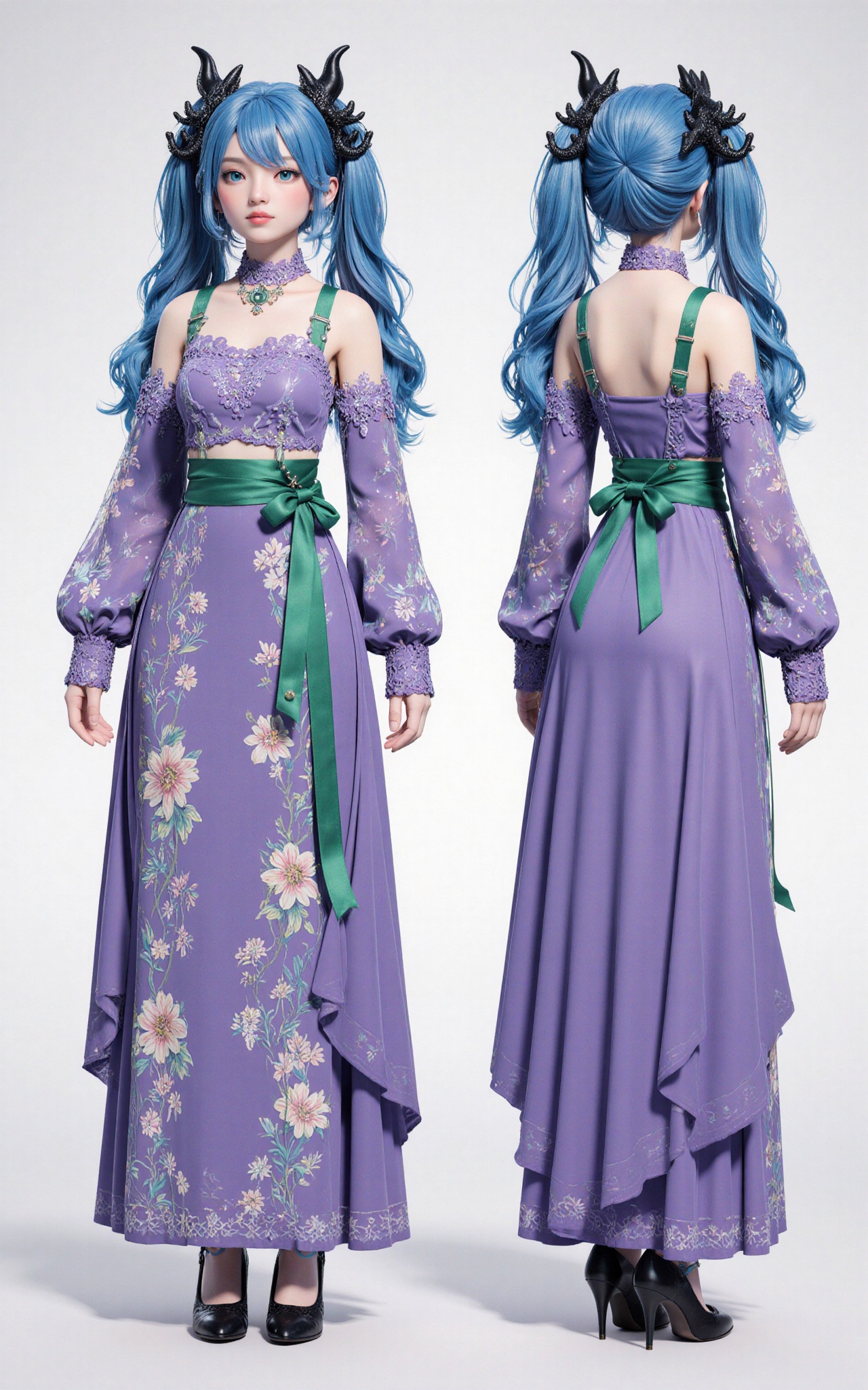 The image shows a 3D character with blue hair styled in long,  flowing locks. The character is wearing a purple dress ador...