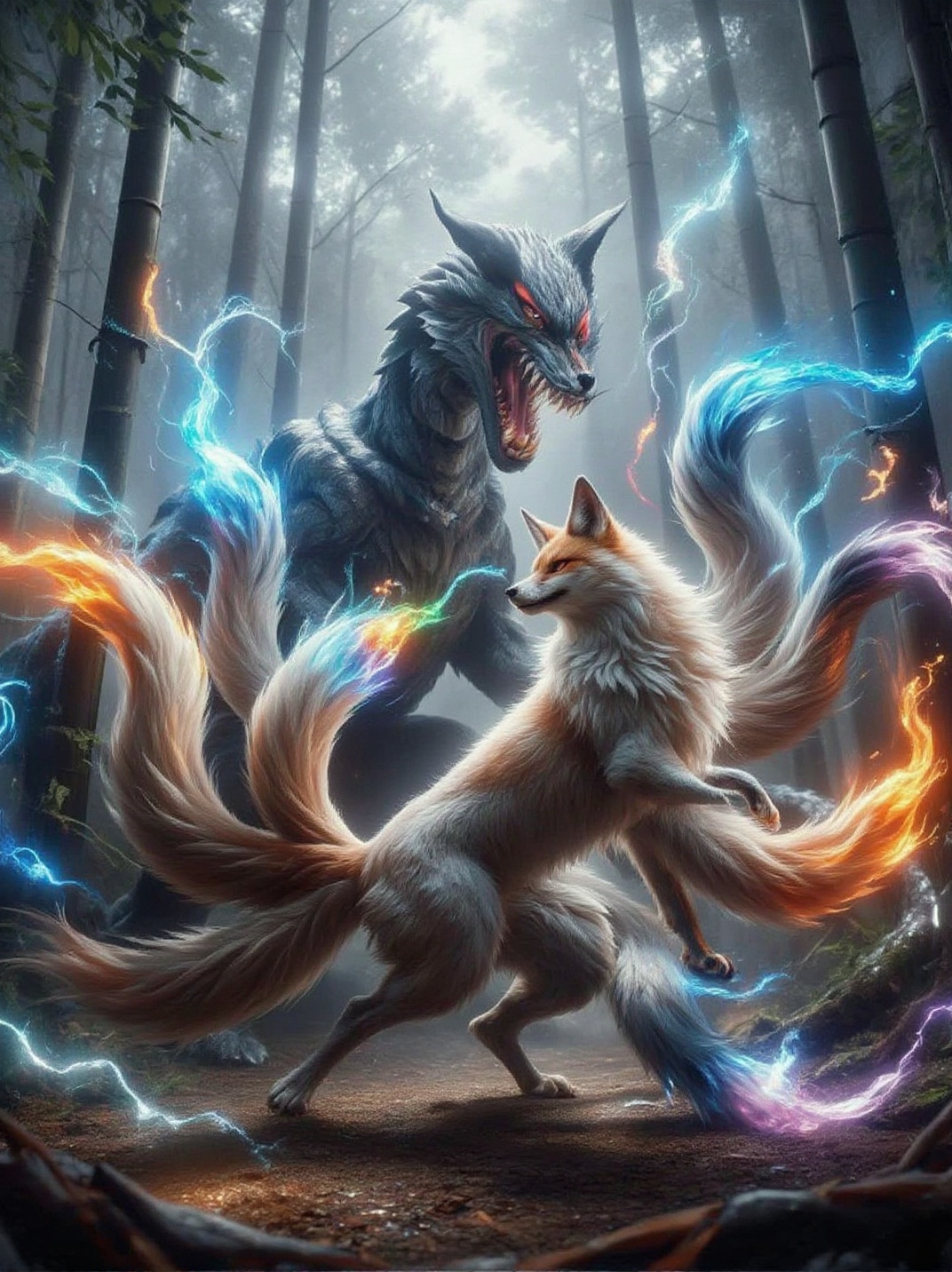 An intense battle scene in a misty bamboo forest,  a nine-tailed fox locked in a clash with a colossal shadow serpent. The...