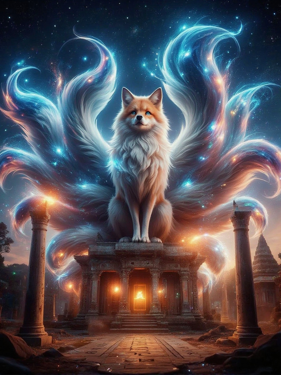 A massive,  divine nine-tailed fox towering over an ancient temple at twilight,  tails swirling upward like a celestial st...