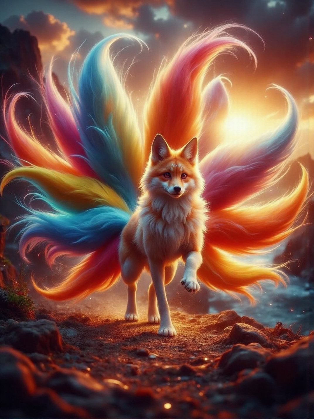 A nine-tailed fox running along the edge of a cliff at sunset,  the ocean far below catching the fiery glow of the sky. Th...