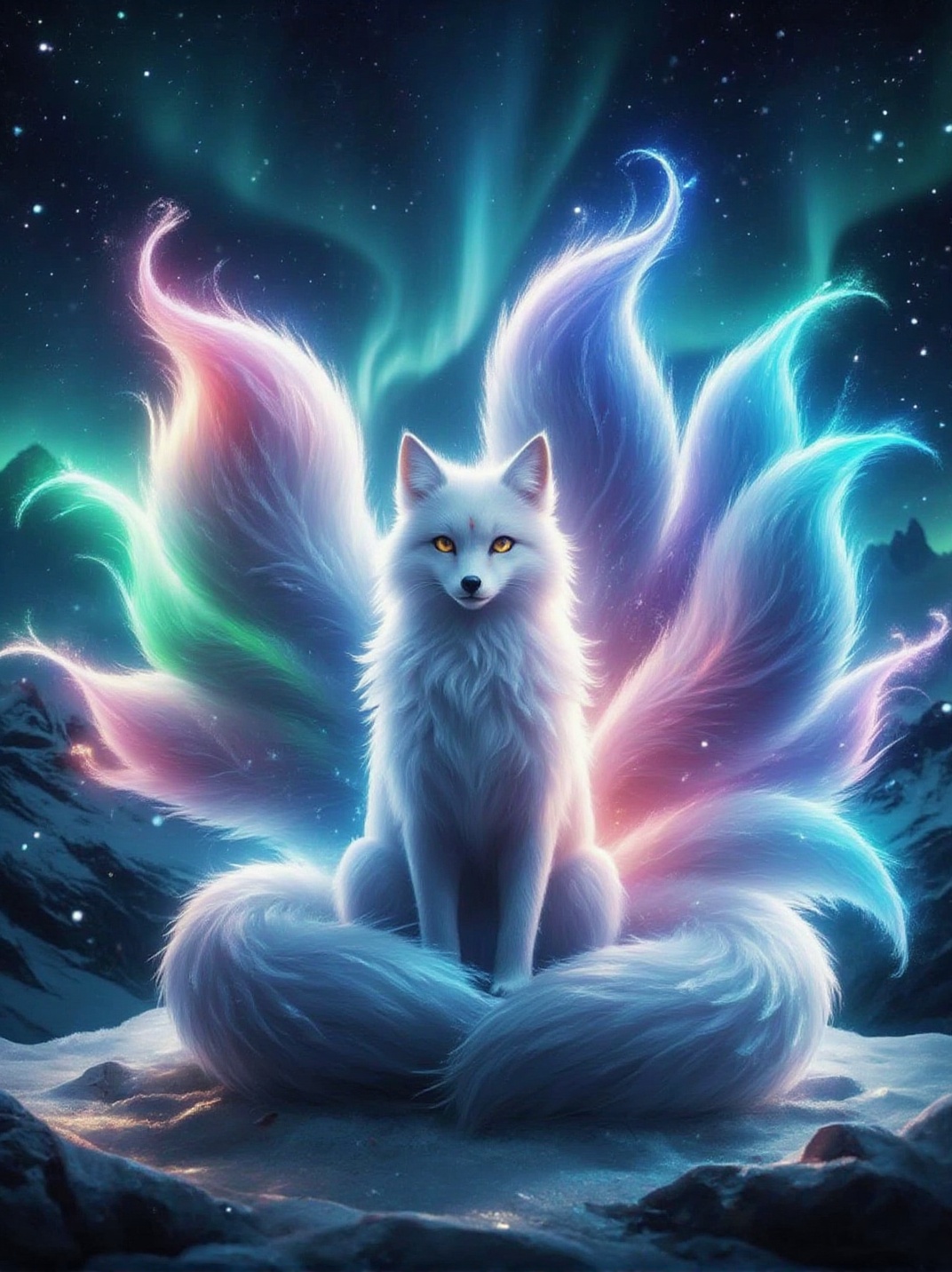 A tranquil yet awe-inspiring scene of a nine-tailed fox meditating at the peak of a snowy mountain under an aurora-filled...