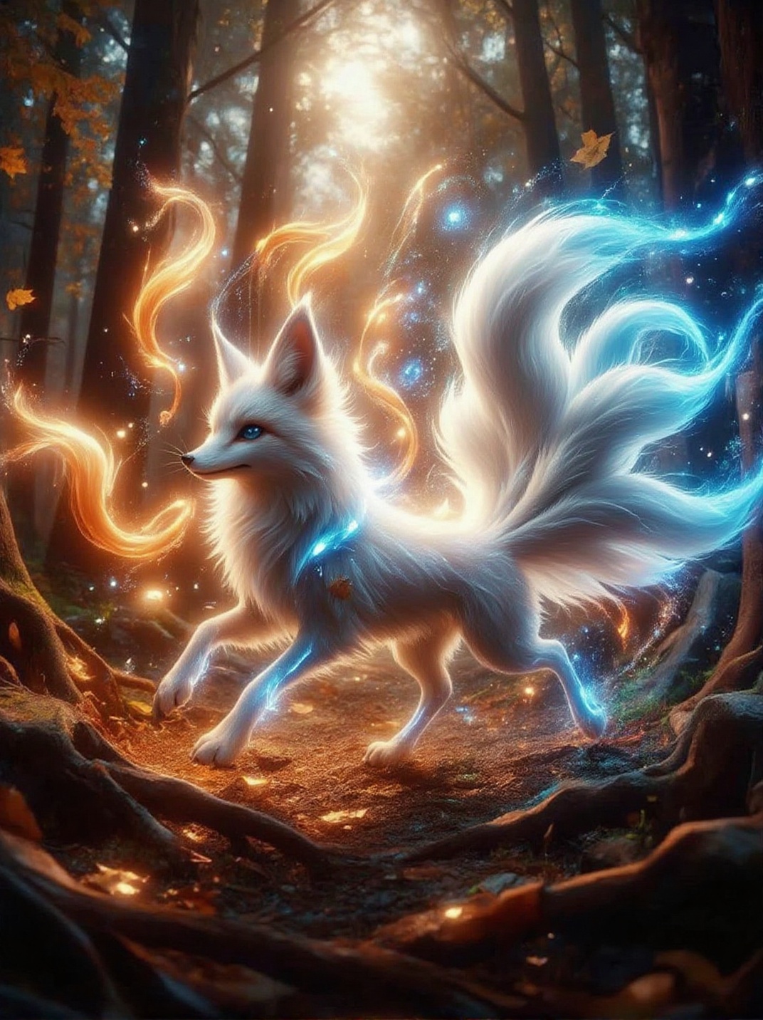 In a dense,  autumn forest glowing with falling golden leaves,  a legendary nine-tailed fox runs at incredible speed on Te...
