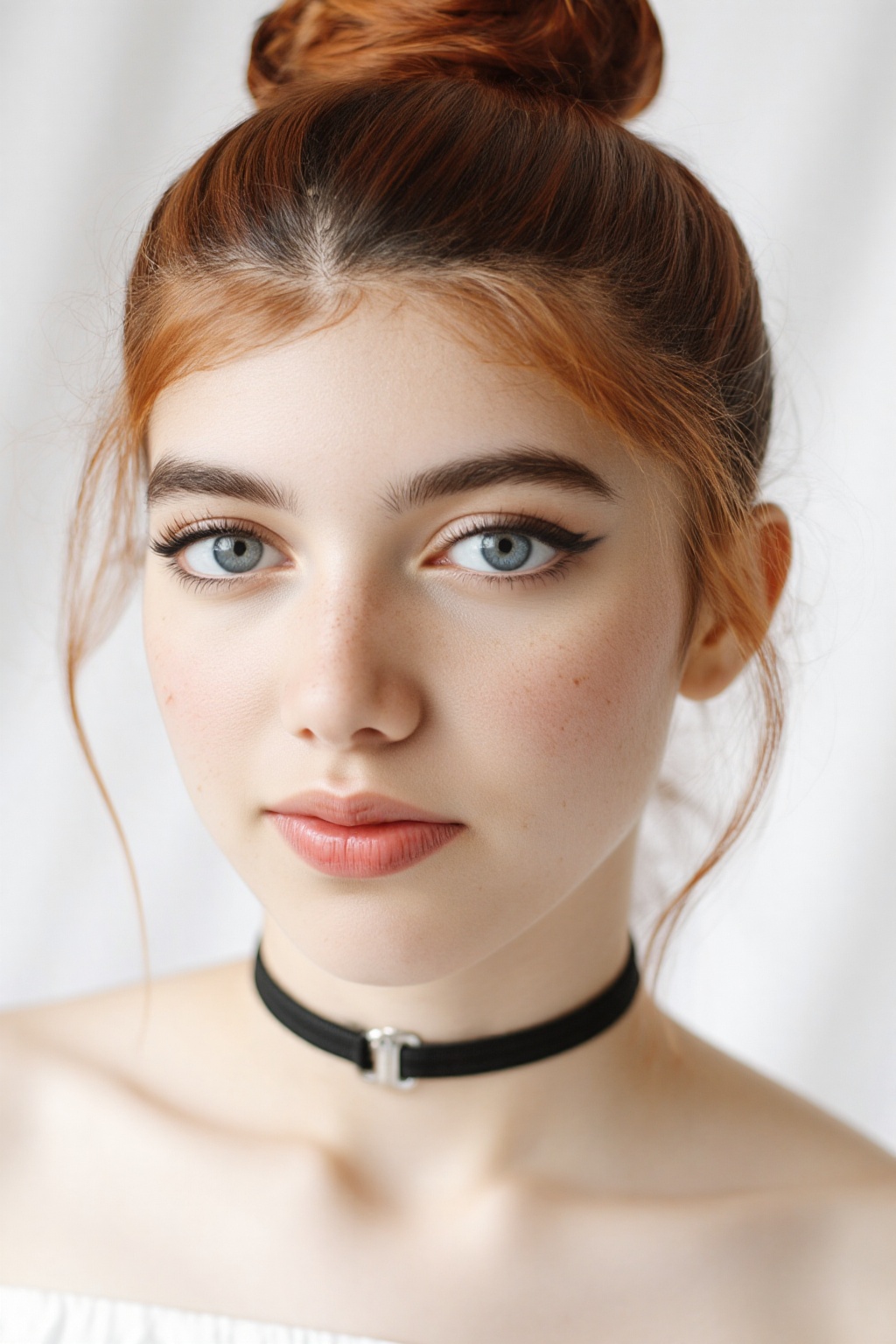 Close-up capture of a ravishing young woman with fiery red locks styled in high buns,  loose tendrils framing her porcelai...