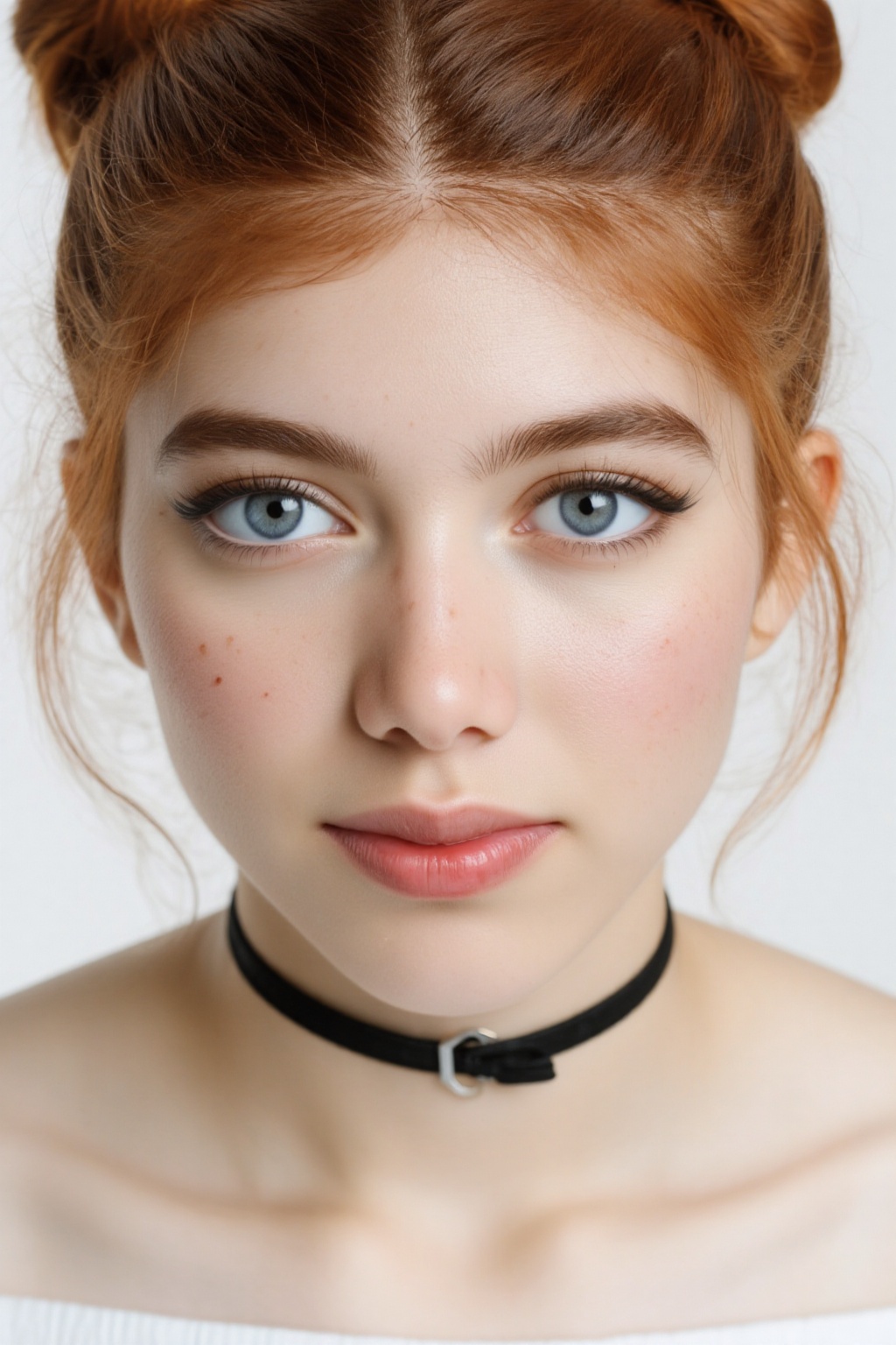 Close-up capture of a ravishing young woman with fiery red locks styled in high buns,  loose tendrils framing her porcelai...