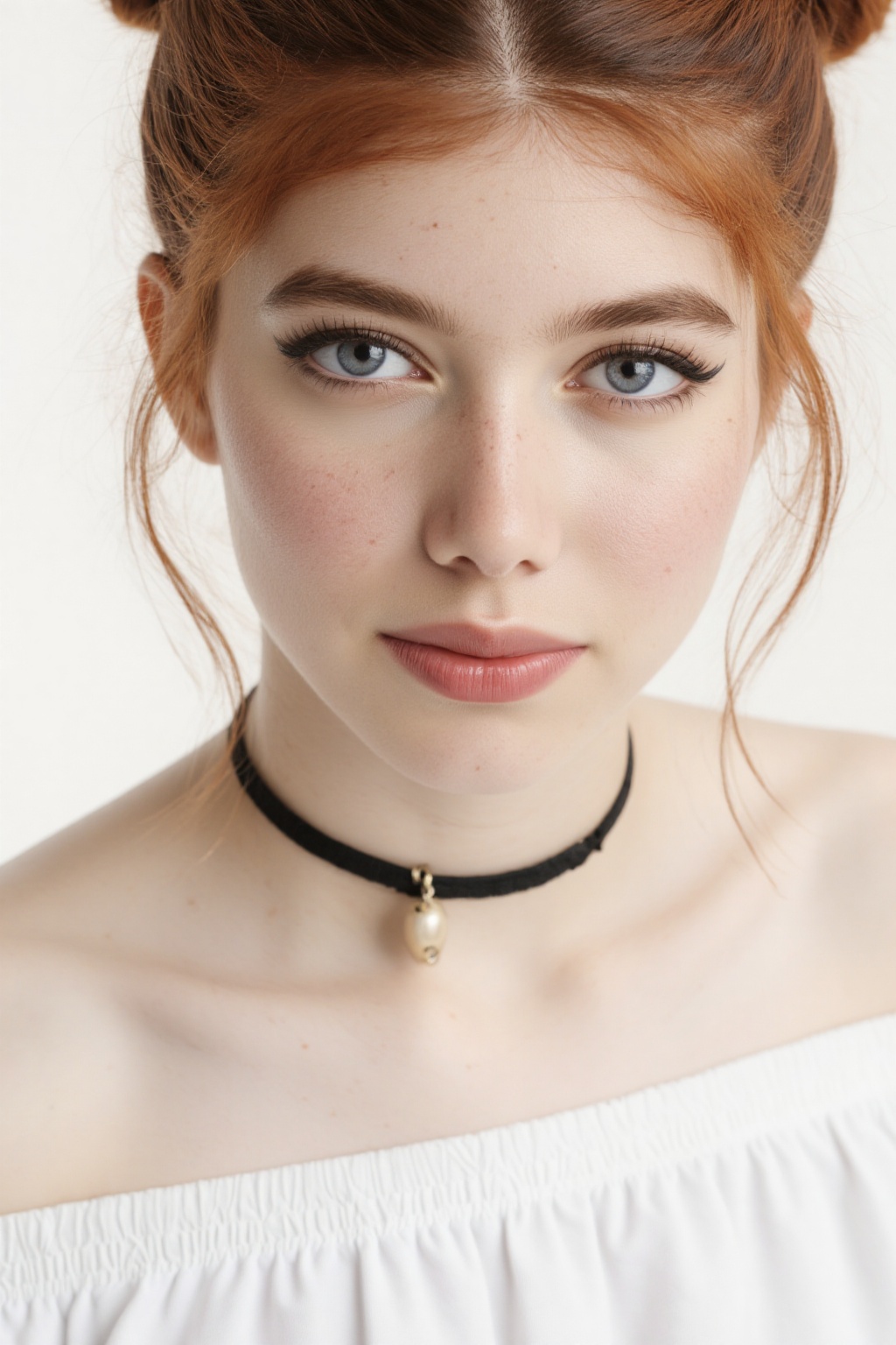 Close-up capture of a ravishing young woman with fiery red locks styled in high buns,  loose tendrils framing her porcelai...