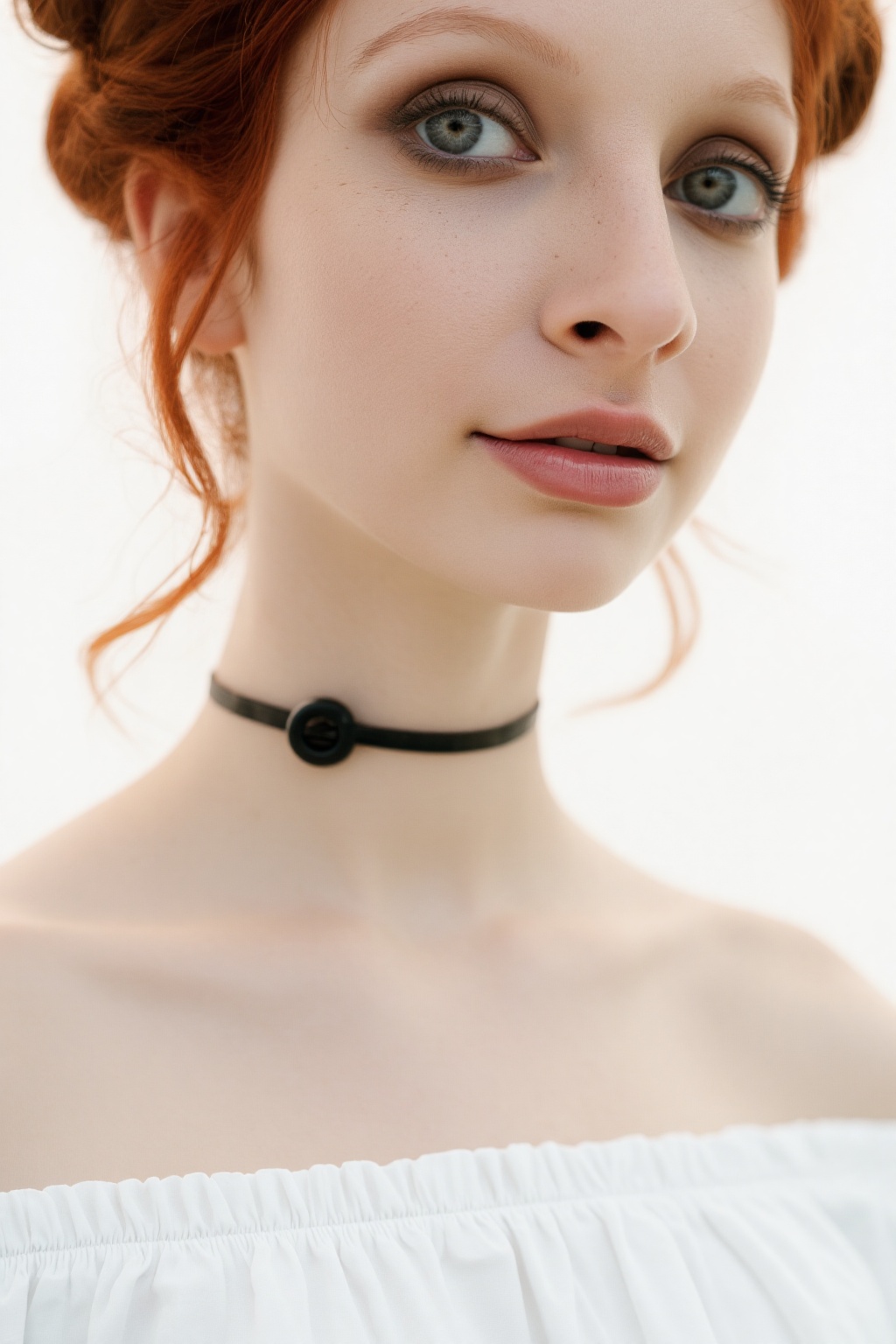 Close-up capture of a ravishing young woman with fiery red locks styled in high buns,  loose tendrils framing her porcelai...