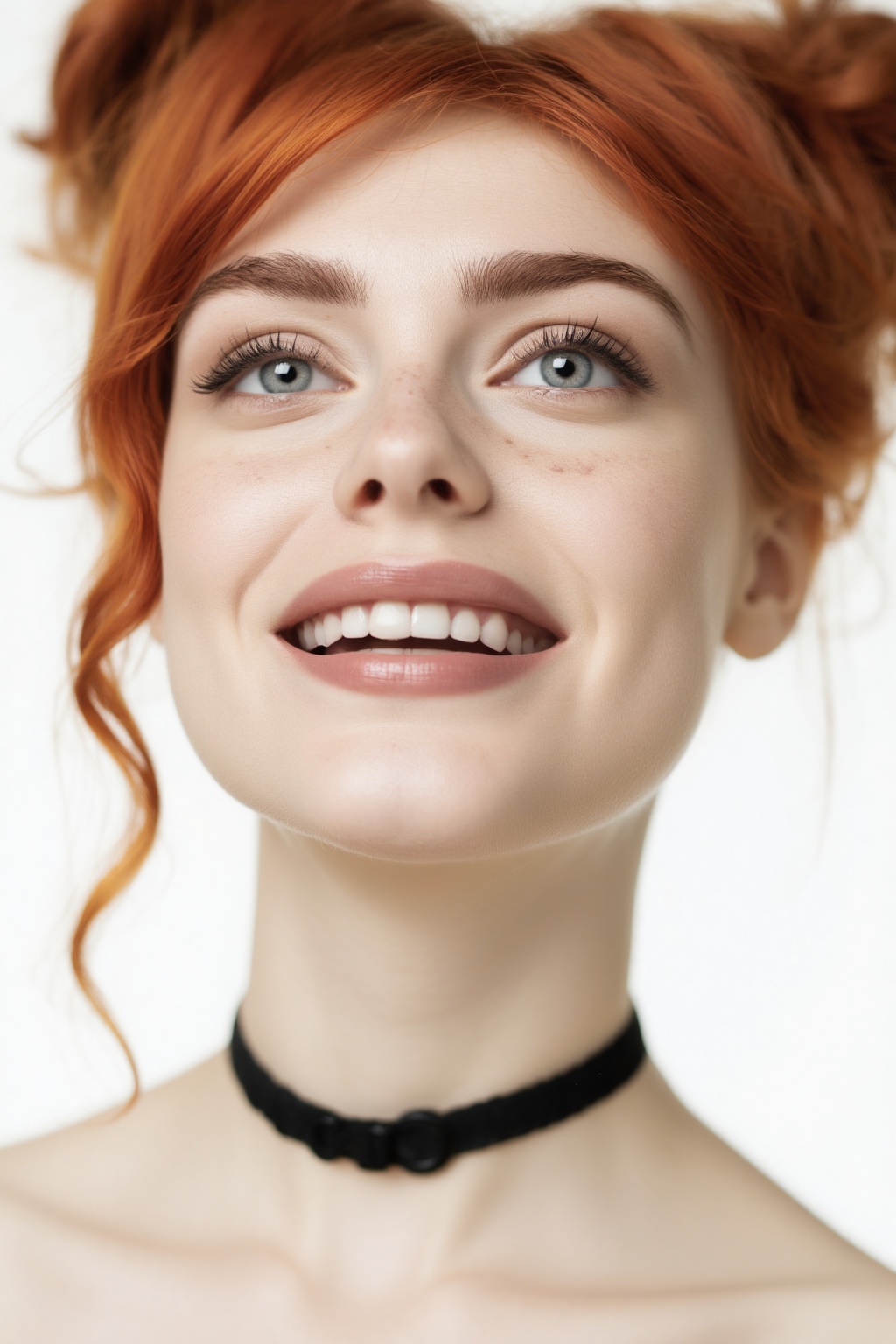 Close-up capture of a ravishing young woman with fiery red locks styled in high buns,  loose tendrils framing her porcelai...