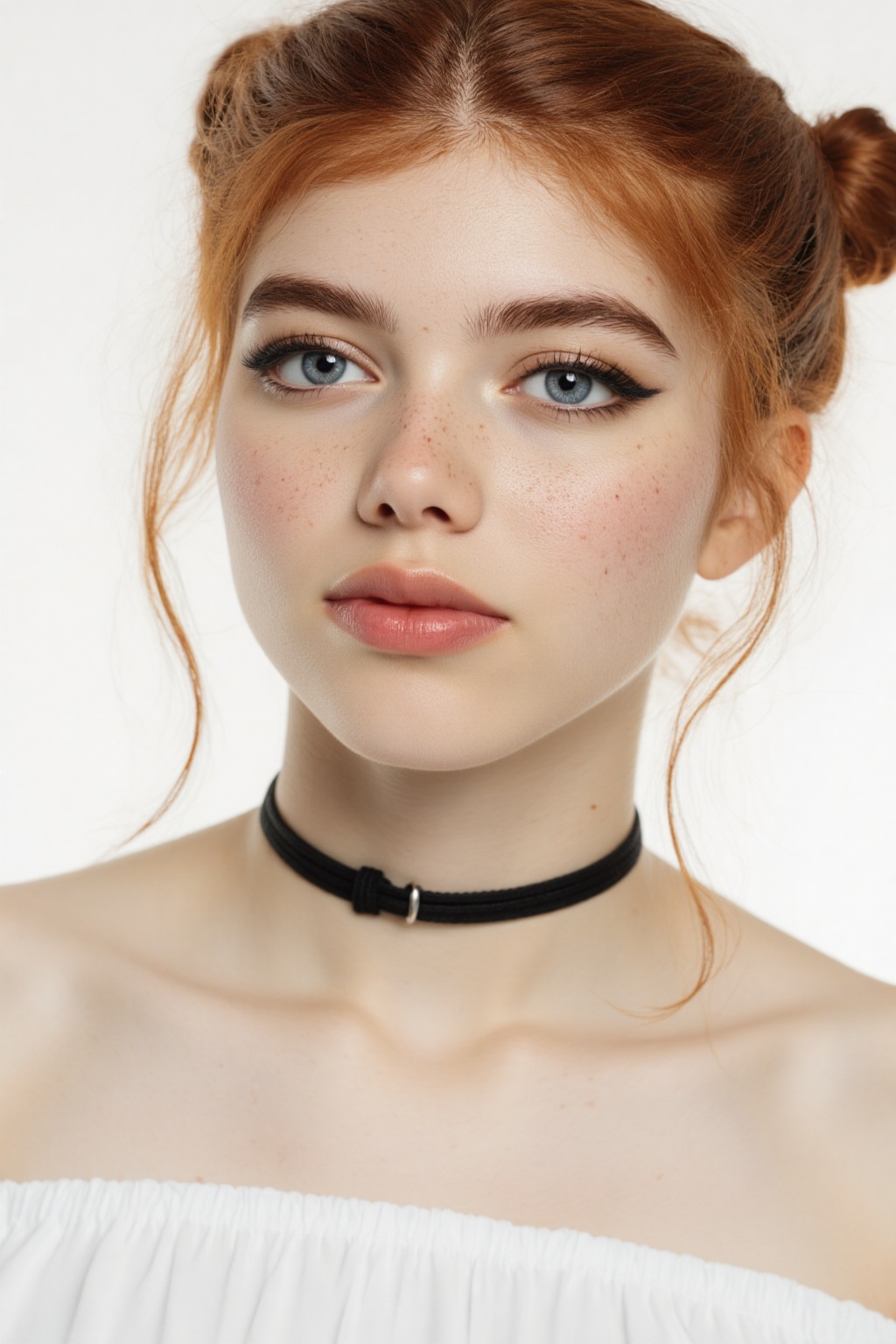 Close-up capture of a ravishing young woman with fiery red locks styled in high buns,  loose tendrils framing her porcelai...