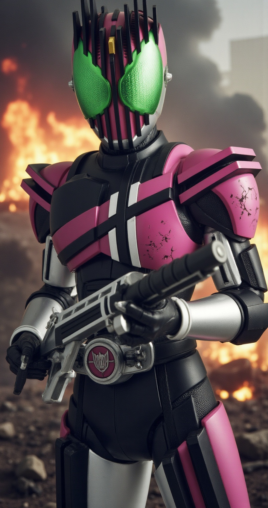 decade_rider,  battle damaged armor with scratches and scorch marks,  holding ridebooker gun mode on Tensor.Art