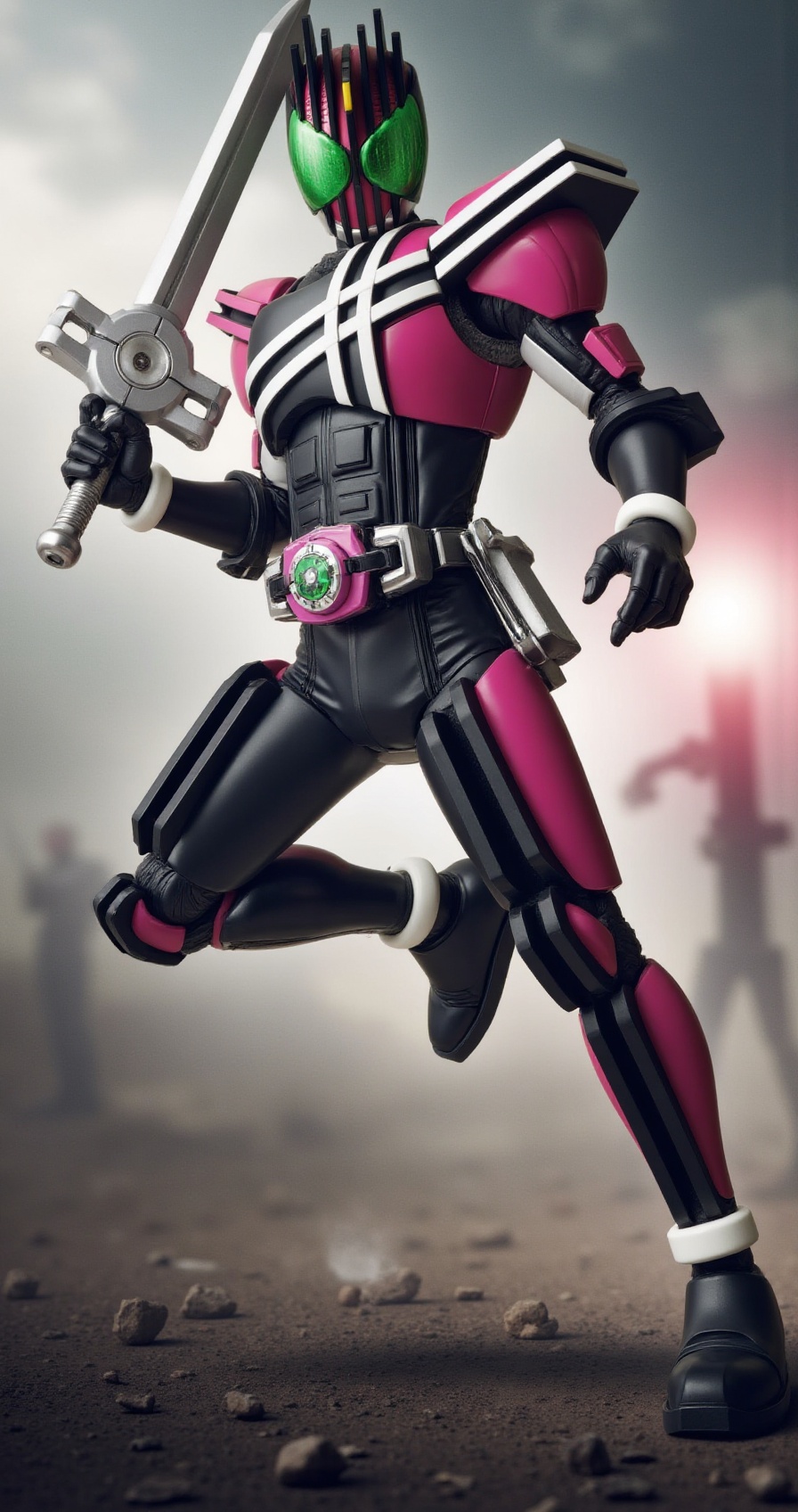 decade_rider,  dynamic mid-air jump attack,  ridebooker sword glowing on Tensor.Art