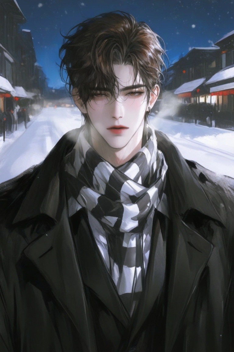 Create a semi-realistic painting of a 1boy-man with handsome features in the style of a manhwa. He is smoking a pipe,  wit...