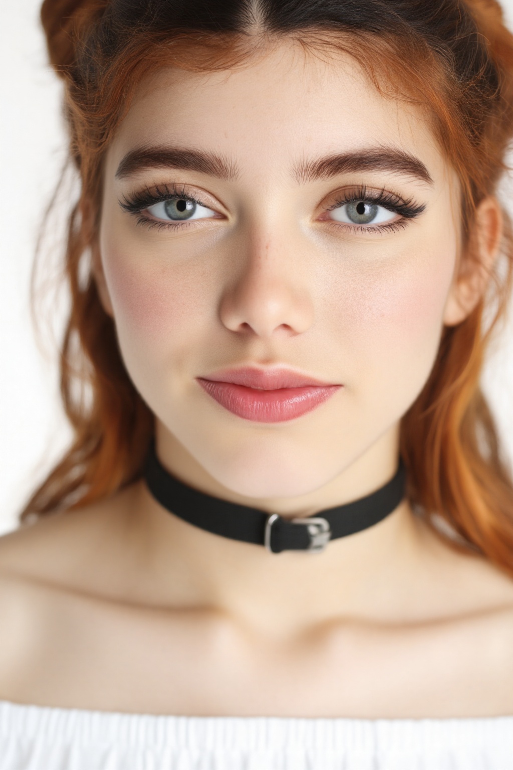 Close-up capture of a ravishing young woman with fiery red locks styled in high buns,  loose tendrils framing her porcelai...