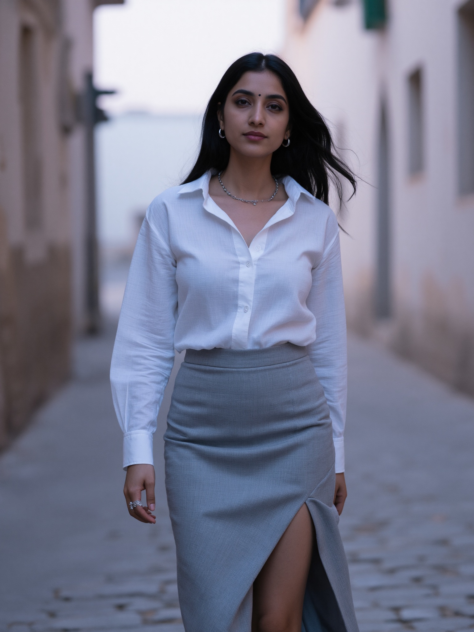 Full-body photorealistic scene of a pale,  cool-toned Indian woman walking through a quiet stone-paved alley at dusk,  the...