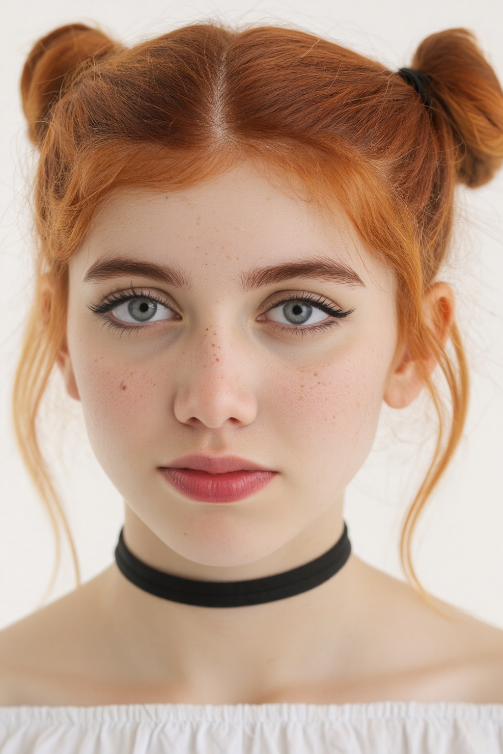 Close-up capture of a ravishing young woman with fiery red locks styled in high buns,  loose tendrils framing her porcelai...