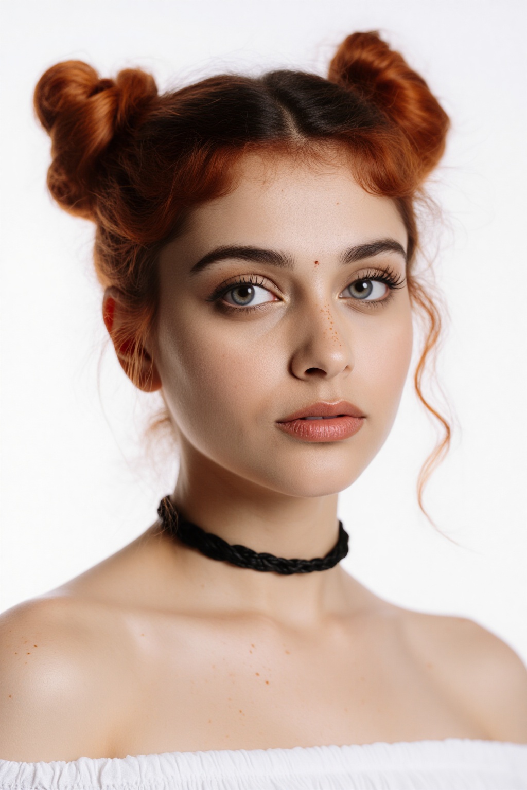Close-up of a ravishing young Indian woman with fiery red locks styled in high buns,  loose tendrils framing her porcelain...