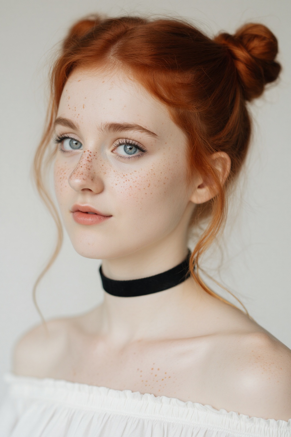 Close-up capture of a ravishing young woman with fiery red locks styled in high buns,  loose tendrils framing her porcelai...