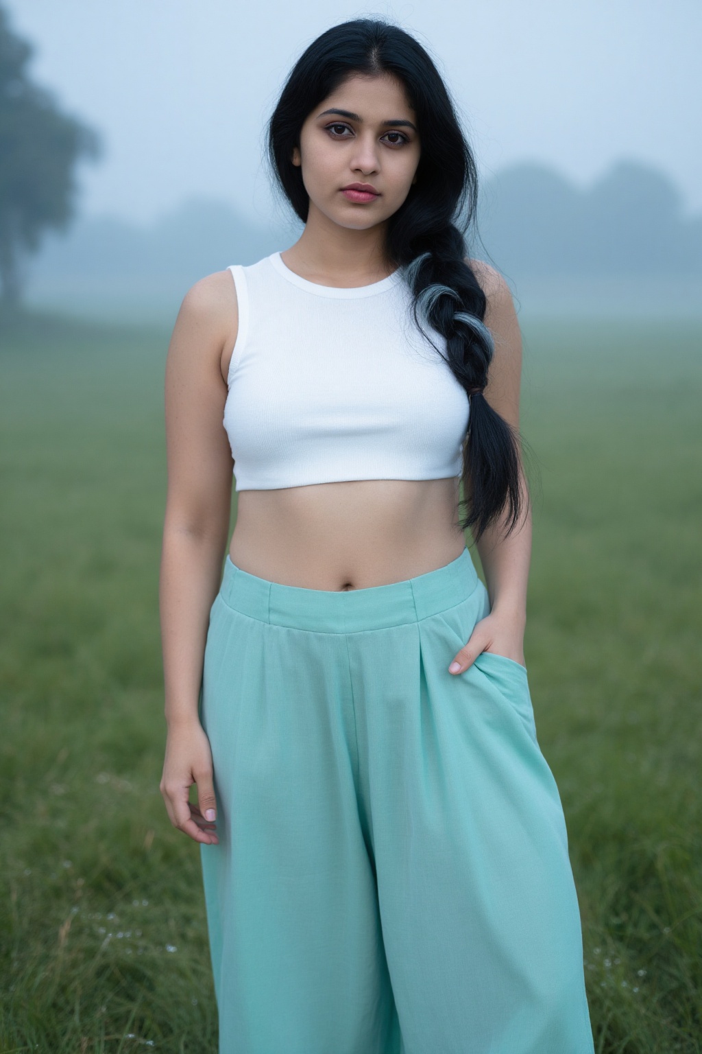 Full-body portrait of a realistic Indian woman standing barefoot on dew-covered grass in the early morning,  pale skin wit...