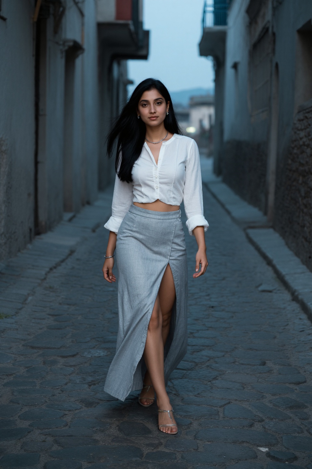 Full-body photorealistic scene of a pale,  cool-toned Indian woman walking through a quiet stone-paved alley at dusk,  the...