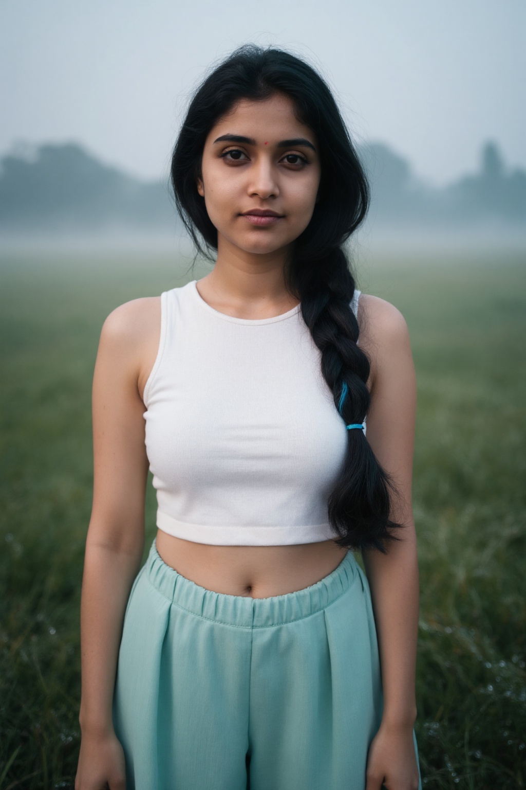 Full-body portrait of a realistic Indian woman standing barefoot on dew-covered grass in the early morning,  pale skin wit...