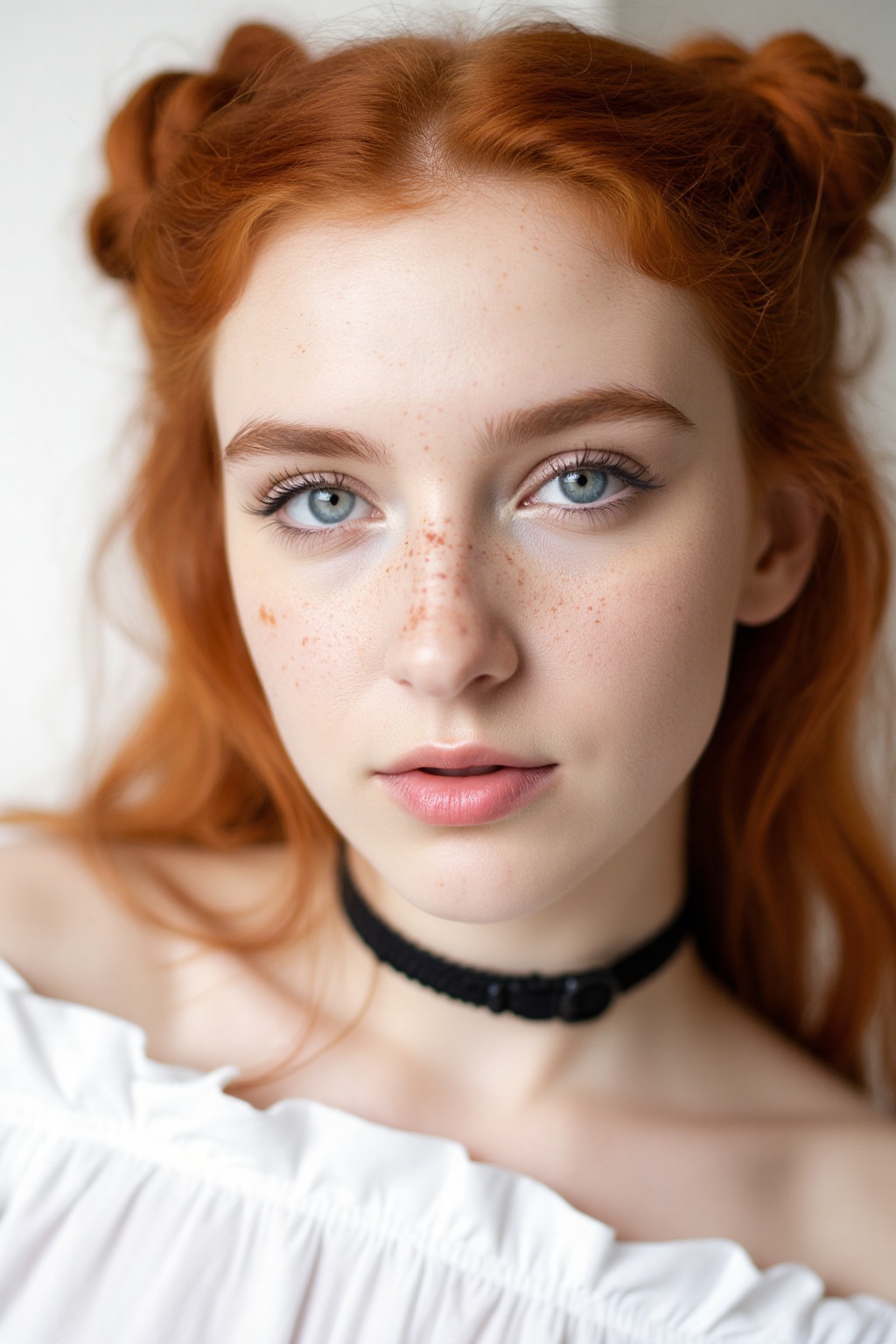 Close-up capture of a ravishing young woman with fiery red locks styled in high buns,  loose tendrils framing her porcelai...