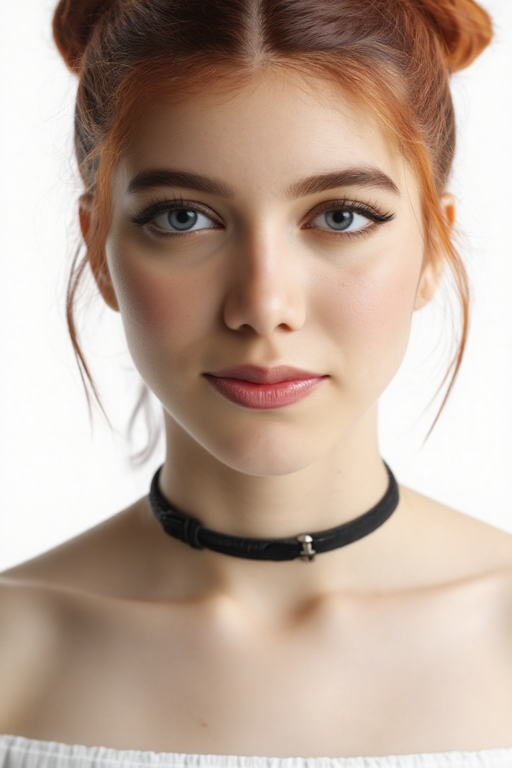 Close-up capture of a ravishing young woman with fiery red locks styled in high buns,  loose tendrils framing her porcelai...