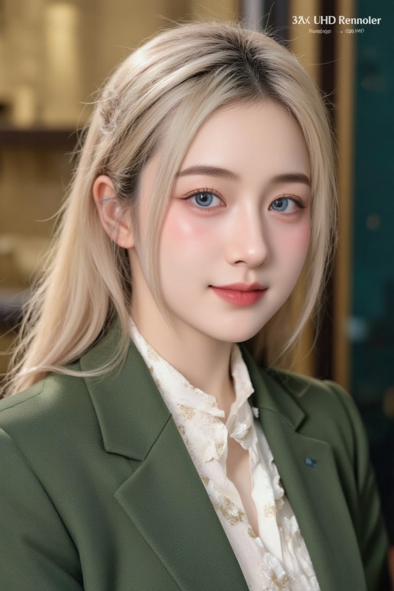 A close-up of a girl with long platinum blond hair,  wearing a green blazer and white blouse. Her azure eyes sparkle with...