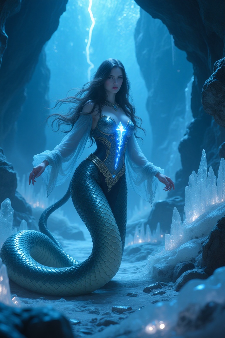 Lamia with human upper body and giant serpent tail,  crawling forward with intense look,  detailed scales on Tensor.Art