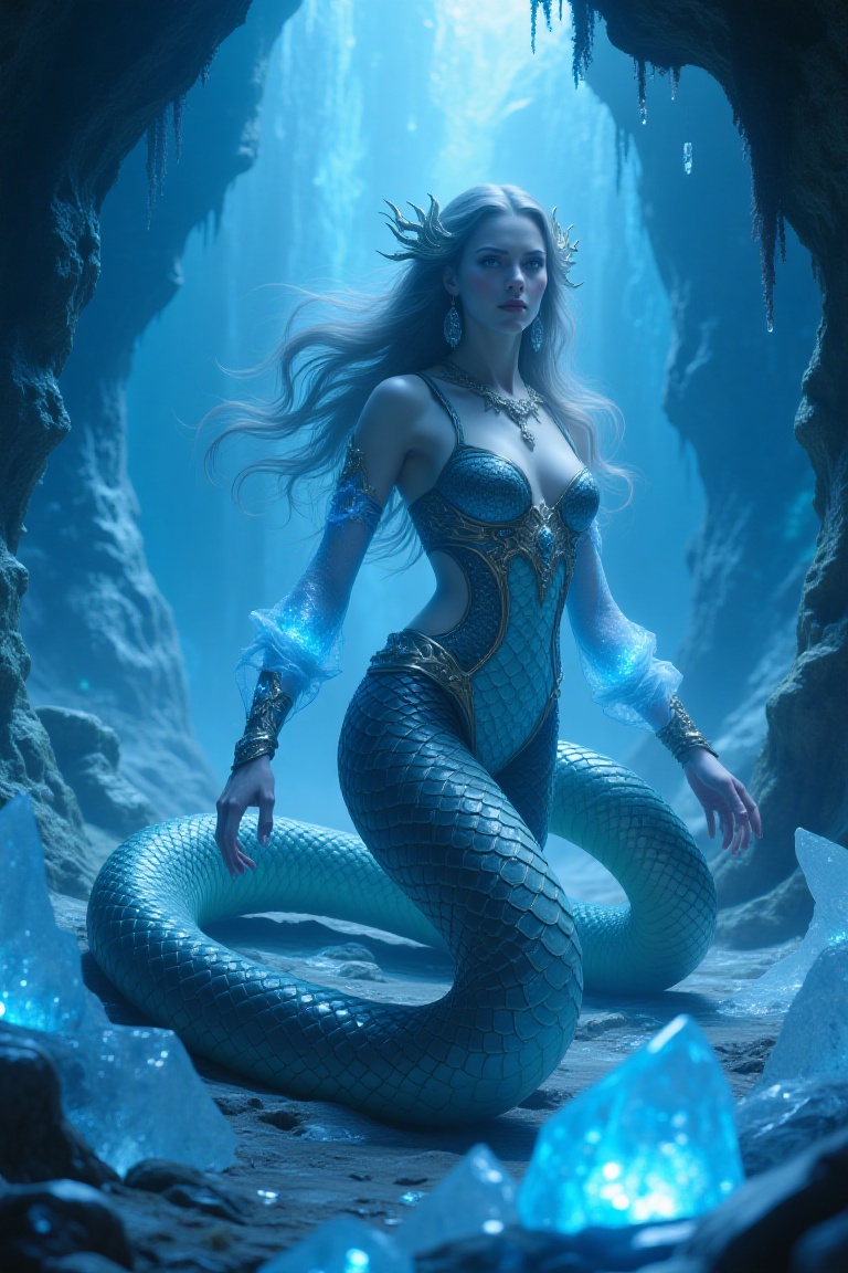 Lamia with human upper body and giant serpent tail,  crawling forward with intense look,  detailed scales on Tensor.Art