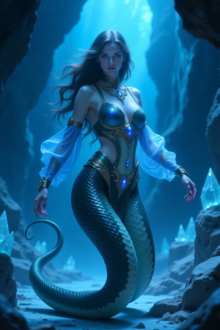 Lamia with human upper body and giant serpent tail,  crawling forward with intense look,  detailed scales on Tensor.Art