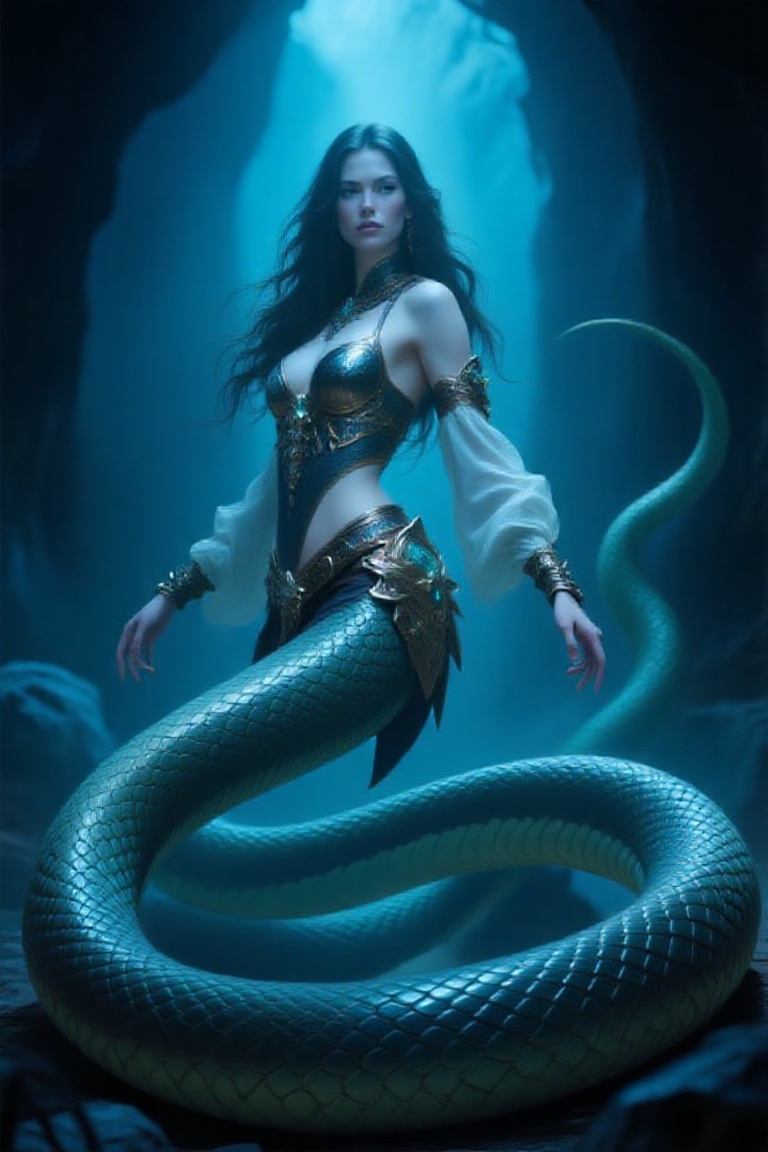 Lamia with human upper body and giant serpent tail,  crawling forward with intense look,  detailed scales on Tensor.Art