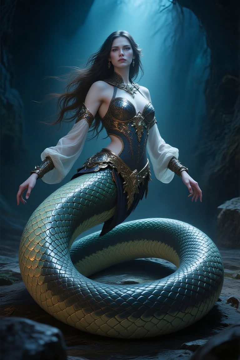 Lamia with human upper body and giant serpent tail,  crawling forward with intense look,  detailed scales on Tensor.Art
