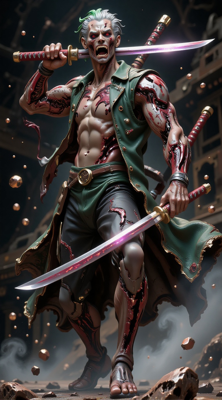 A hyper-realistic figure of . A horrifying Roronoa Zoro from One Piece,  captured in a dynamic battle-ready pose. He wears...