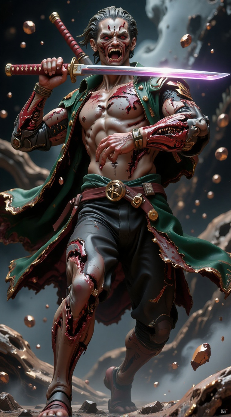 A hyper-realistic figure of . A horrifying Roronoa Zoro from One Piece,  captured in a dynamic battle-ready pose. He wears...