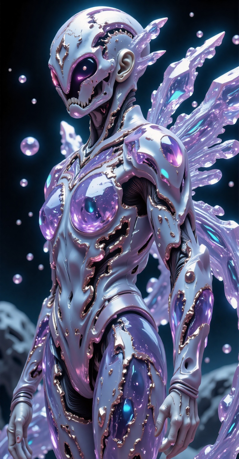 surrounded by a translucent crystalline armor layer,  ultra-delicate flowing textures,  refracting light like crystal-glas...