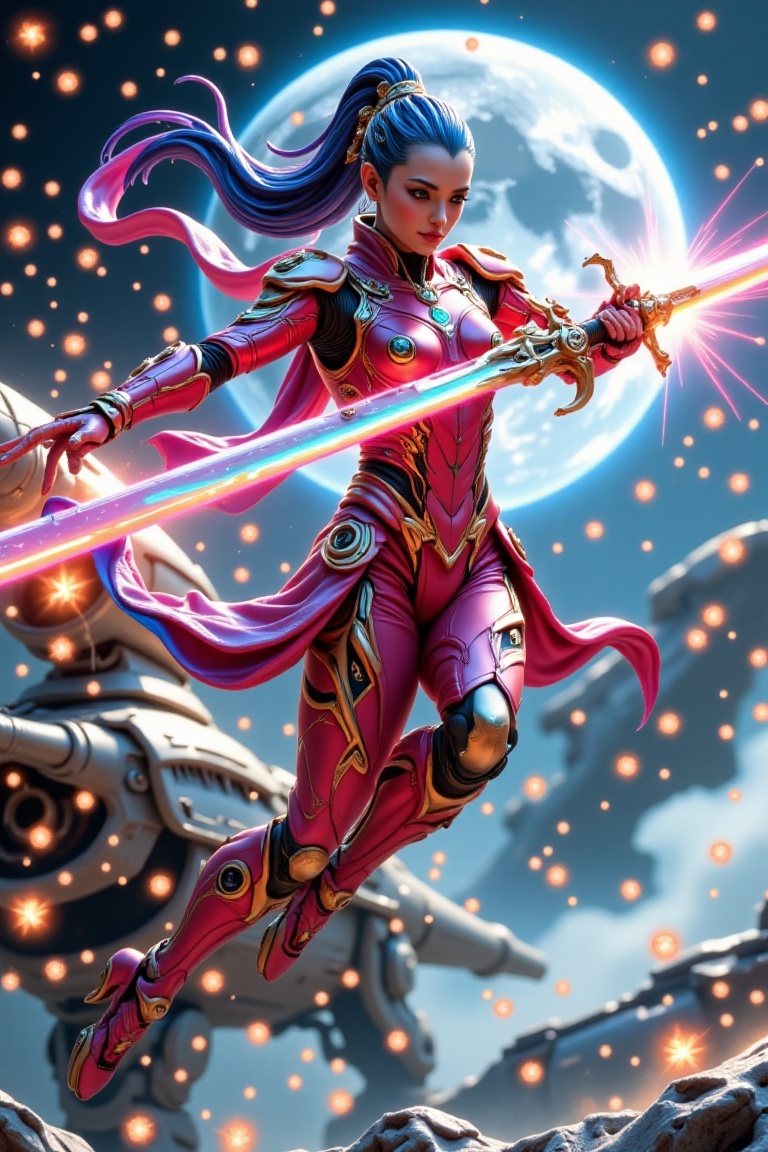 A bold chiaroscuro wide-shot illustration in the style of Pixiv and Sakimichan,  Rainbow neon sword,  depicting a powerful...