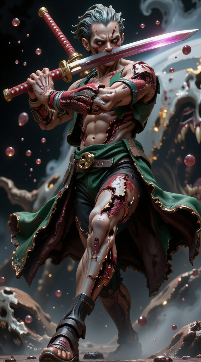 A hyper-realistic figure of . A horrifying Roronoa Zoro from One Piece,  captured in a dynamic battle-ready pose. He wears...