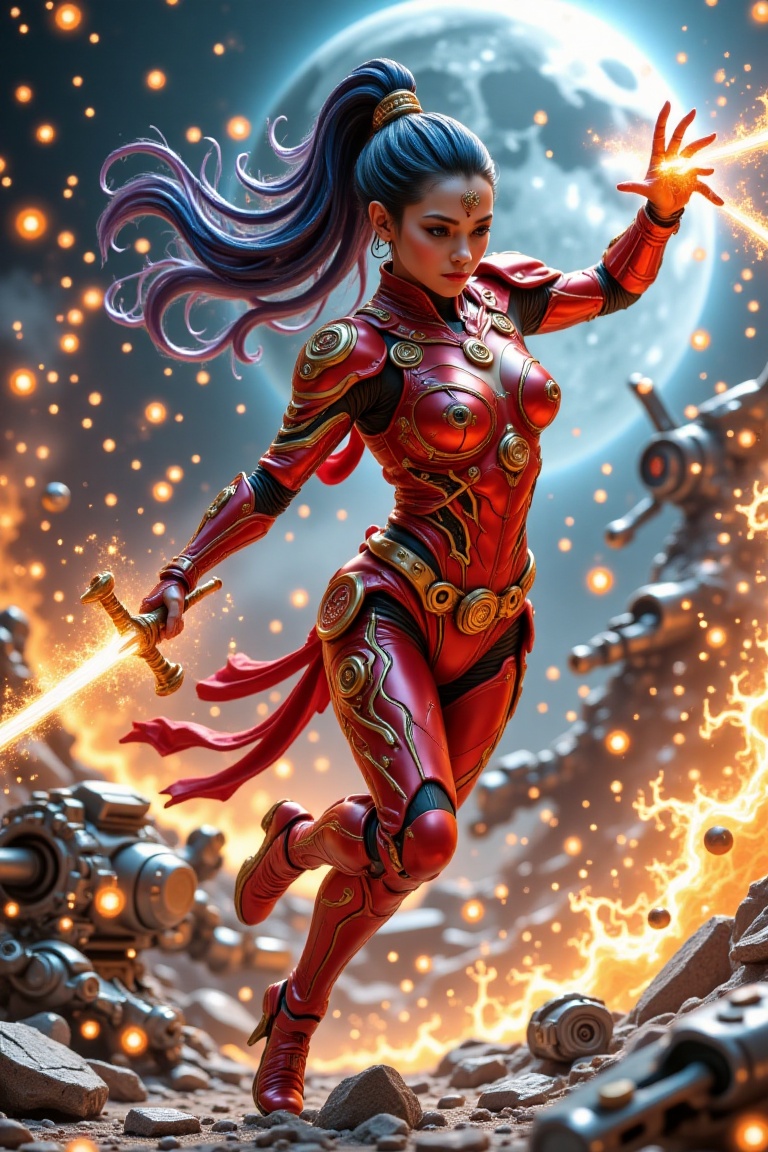 A bold chiaroscuro wide-shot illustration in the style of Pixiv and Sakimichan,  fire sword,  depicting a powerful dark-ha...