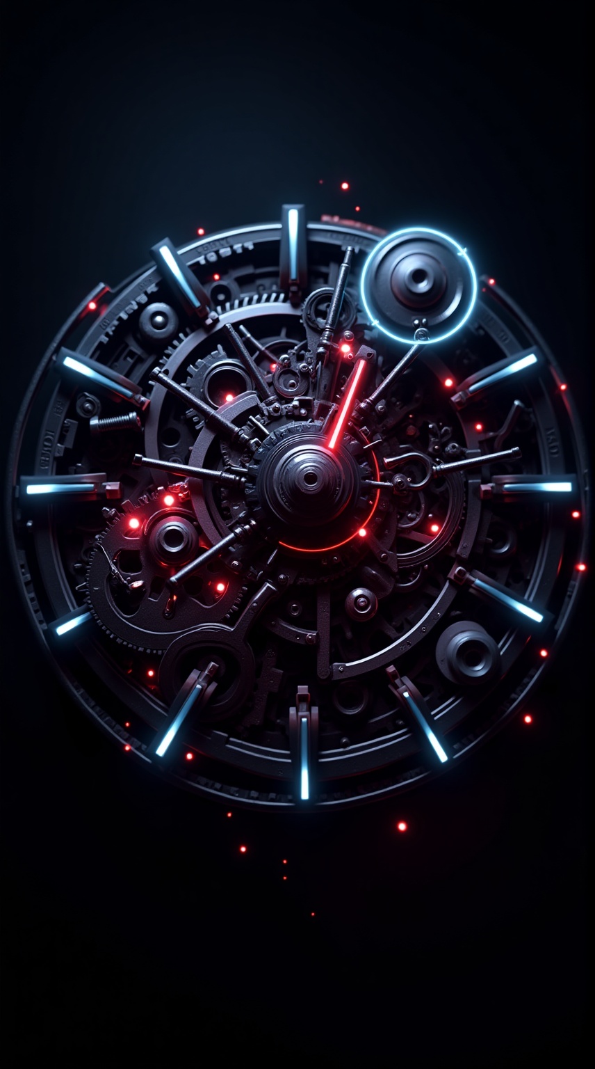 A high-resolution digital illustration featuring a futuristic clock mechanism with glowing red and blue lights. The clock...