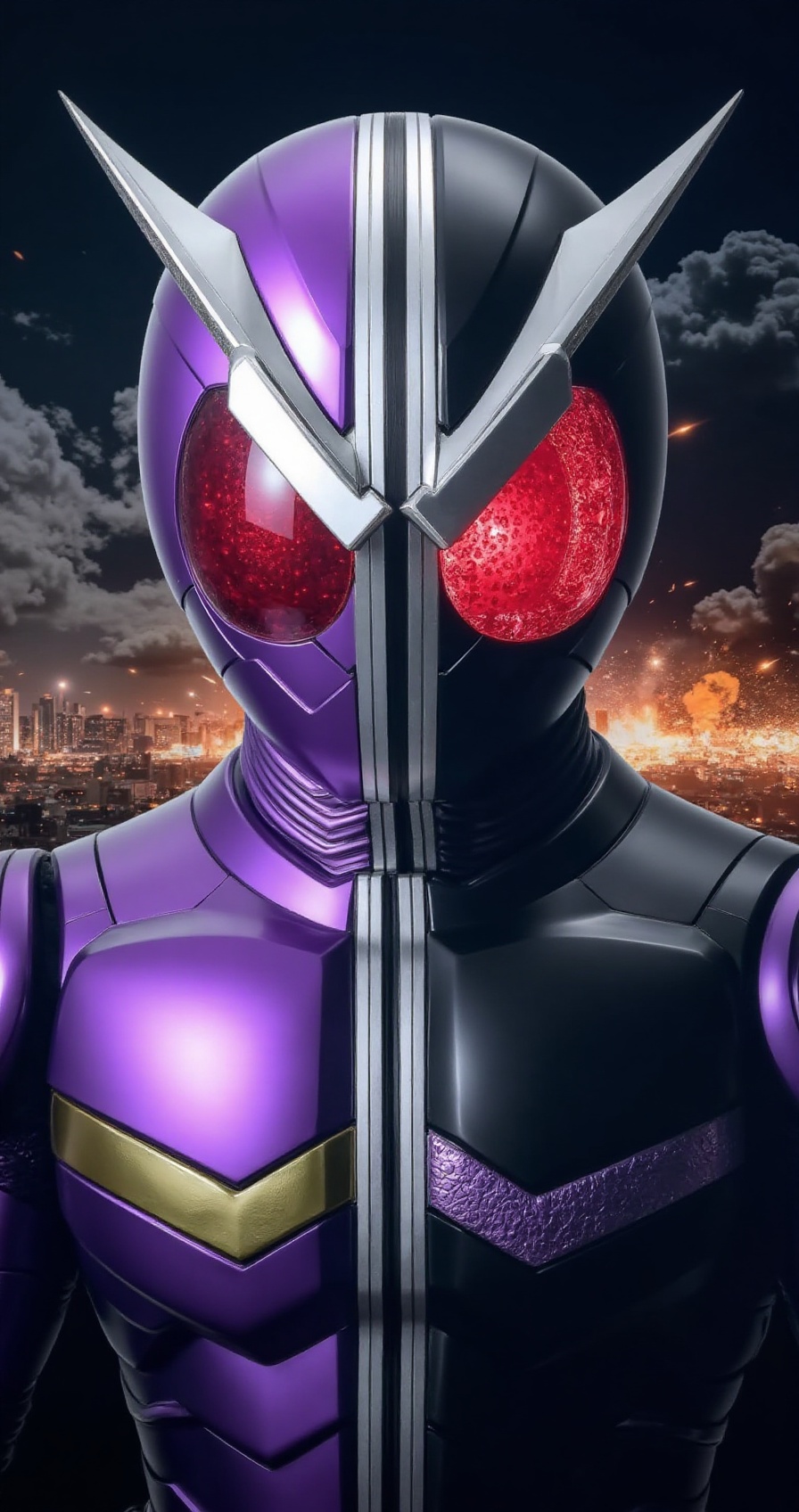 kamenw-color,  ultra realistic portrait of Kamen Rider W,  left half suit in vibrant purple on Tensor.Art